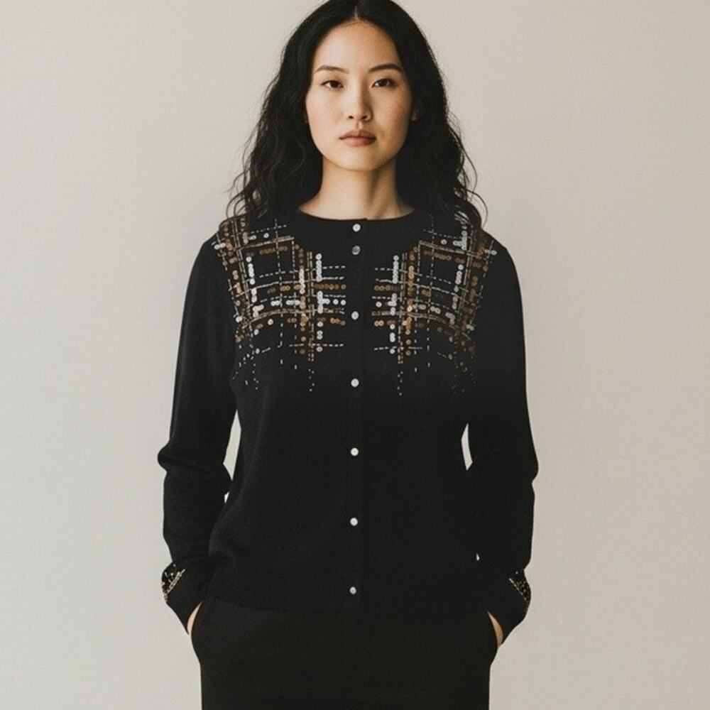Pendleton Merino Wool Metallic Embellished Black Cardigan Sweater Size Med